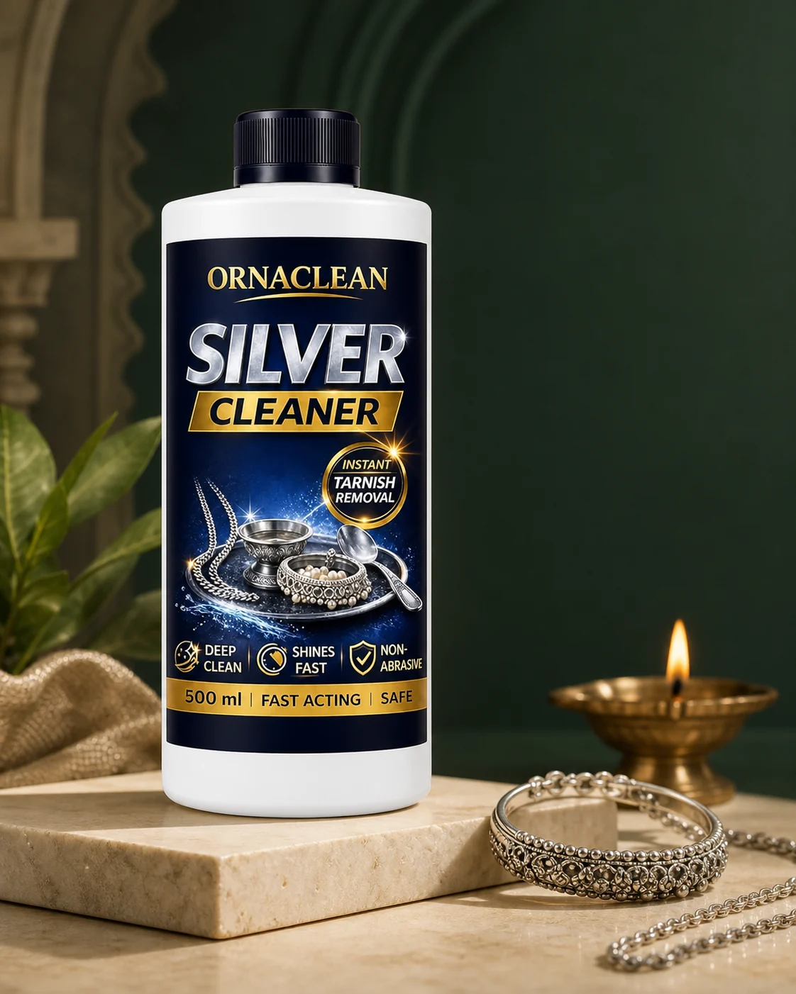OrnaClean Silver Cleaner beside silver jewellery